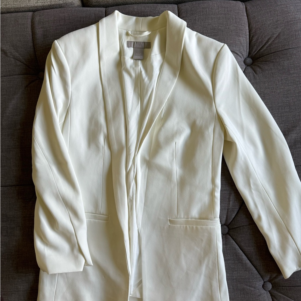H&M Women's White Long Open-Front Blazer